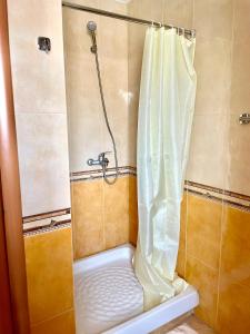 地拉那Easy Peasy - 9th floor view downtown的浴室内配有白色淋浴帘。