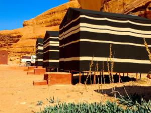 瓦迪拉姆Wadi rum view camp的沙漠中一排黑白的建筑