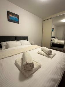 巴尼亚科维利亚查Vila Drina Apartments的卧室配有2条白色毛巾。