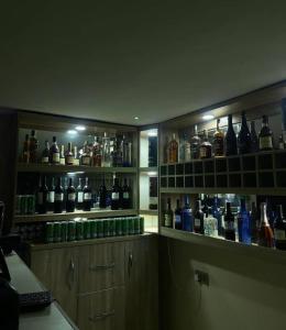 AsiHexagon Hotel的架子上放着许多瓶酒的房间