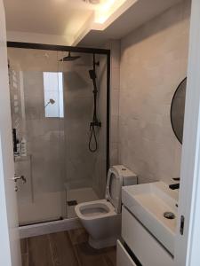 马德里Francos Rodriguez1 Apartments的带淋浴、卫生间和盥洗盆的浴室