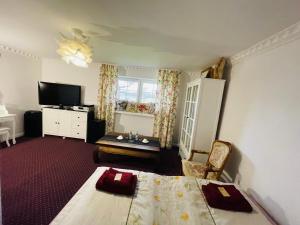 雅罗斯瓦夫K&B Residence的一间卧室配有一张床,并在一间客房内配有电视。