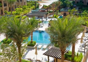 迪拜Madinat Jumeirah Living 1 Bed Pool and Garden View的棕榈树度假村泳池的空中景致