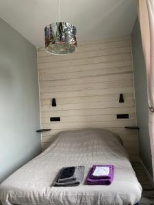 MontournaisChambre Rêve américain的一间卧室配有一张带紫色毛巾的床