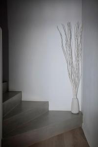 洛加拉斯Paros Melodia Apartments的架子上一个白色花瓶,上面有植物