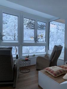 巴德加斯坦Nefer, Haus的客厅设有3扇窗户,外面有雪