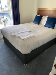 梅努斯53 Luxury Accommodation的卧室内的一张带蓝色枕头的大床
