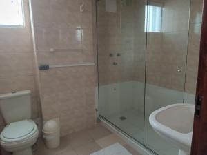 圣克鲁斯拉西埃斯特酒店 的带淋浴、卫生间和盥洗盆的浴室