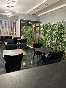伊斯坦布尔爱慕萨奥特尔马尔特艾文斯公寓的一间设有桌椅的餐厅,种植了植物