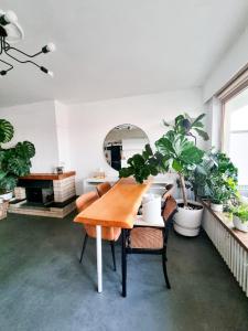 布鲁塞尔Furnished - Bright, Modern apartment in Brussels, 15 minutes walk from the Atomium的一间设有桌子和一些植物的用餐室