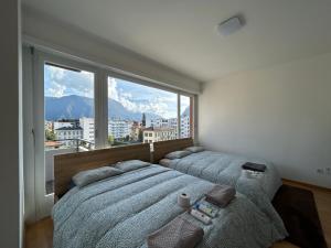 卢加诺Switzerland Apartment Lugano central location的带大窗户的客房内的两张床