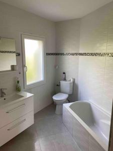 科提尼Propriete de 3 chambres avec terrasse et wifi a Quetigny的浴室配有卫生间、浴缸和水槽。