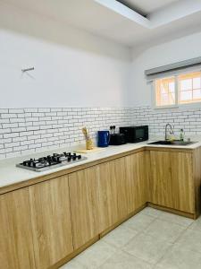 莱基Diaggello Homex Apartment的厨房配有木制橱柜和炉灶。