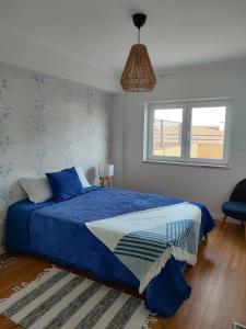 瓜尔达zélu apartamento centro da Guarda的一间卧室配有一张带蓝色床单的床和一扇窗户。