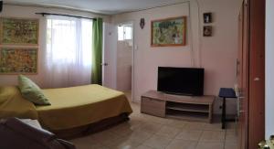 拉塞雷纳Hostal del Rosario La Serena的一间卧室配有一张床和一台平面电视