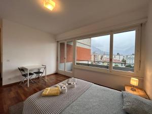 卢加诺Switzerland Apartment Lugano central location的一间卧室设有一张床和一个大窗户
