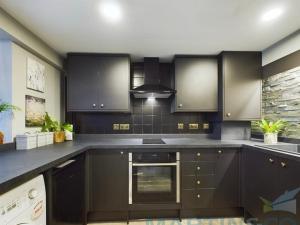 布杰斯希尔Spacious open planned 1 bedroom apartment的厨房配有黑色橱柜和炉灶。