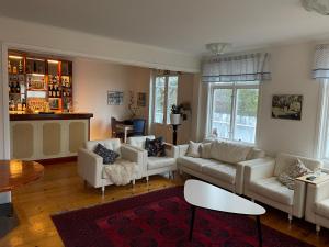 达拉胡斯比Husby Wärdshus的一间带白色沙发的客厅和一间酒吧