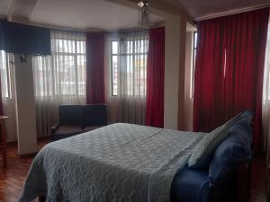 波托西HOTEL NOBLEZA的一间卧室配有大床和红色窗帘