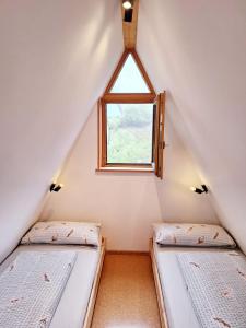 弗赖翁Nurdachhaus am Geyersberg的阁楼间设有两张床,设有窗户