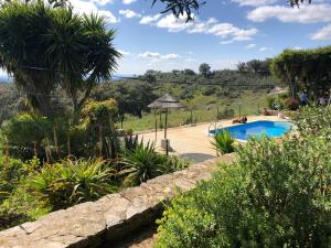 CurvatosSerra do Caldeirao Villa with Pool的一座带石墙的花园内的游泳池