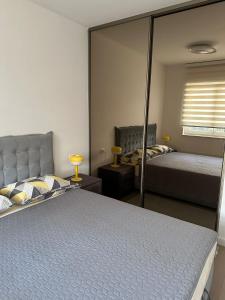 萨格勒布Apartment Rhea SelfCheckIn Garage Loggia New的一间卧室设有两张床和大镜子