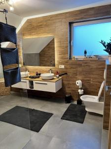 特尔斯泰纳Chata pod Starou Horou的一间带水槽和卫生间的浴室以及窗户。