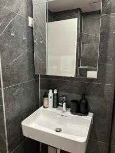 萨格勒布Apartment Rhea SelfCheckIn Garage Loggia New的浴室设有白色水槽和镜子