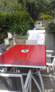 LiginiacPropriete de 2 chambres avec terrasse et wifi a Liginiac a 5 km de la plage的上面有盘子的红色桌子