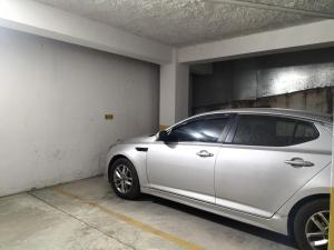 Los ParedonesApartamento en Santo Domingo的停放在停车库的银色汽车