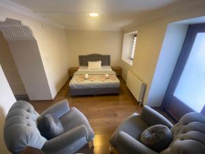 YıldırımEylül suit otel的一间卧室配有一张床和两张沙发。