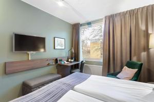 南泰利耶Best Western Plus Skogshöjd的酒店客房设有一张床、一台电视和一扇窗户。