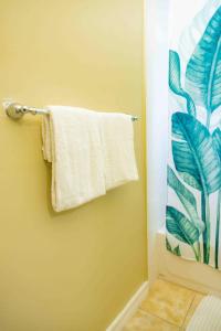拉纳韦贝Emerald inn at runaway bay的浴室设有挂在浴帘上的毛巾