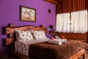 阿尤鲁奥卡Pousada Estalagem Mirante的一间卧室配有一张紫色墙壁的床