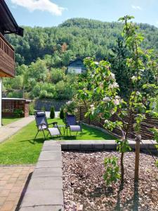 艾于兰Otnes Fjordside的庭院里设有两把椅子和一棵树