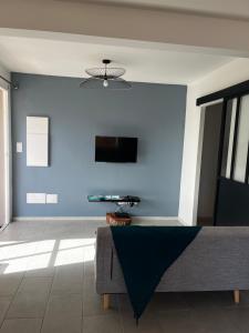 勒迪亚芒VILLA BOIS AND NATURE的客厅设有蓝色的墙壁和沙发。