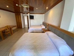 阿瓜斯卡连特斯GARDEN SUITES的客房设有两张床、一张桌子和一台电视机。