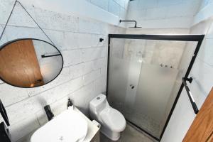 TopolobampoSealion Dive Center的一间带镜子和卫生间的浴室