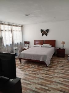 卡利Casa de renta vacacional Andy-Cali -Valle del Cauca的卧室配有一张床上,墙上挂着蝴蝶