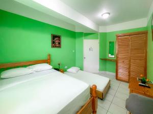 罗索拉弗拉姆博昂特酒店的一间卧室设有两张床和绿色的墙壁
