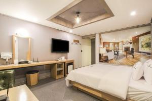 釜山Haute Hotel的酒店客房,配有床和电视