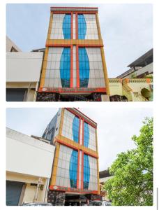 维杰亚瓦达HOTEL TEJASRI RESIDENCY的两幅建筑物照片,有彩色玻璃窗