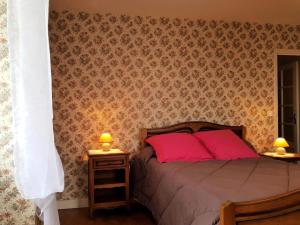 沙斯托Gîte de France à Chasteaux 2 épis - Gîte de France 4 personnes 364的一间卧室配有一张带粉色枕头的床和两盏灯。