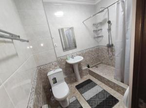 阿拉木图Apartmens in Complex Almaly 83-51的一间带卫生间和水槽的浴室
