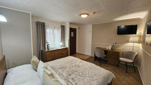 布热茨拉夫佩西恩鲁丹塔酒店的配有一张床和一张书桌的酒店客房