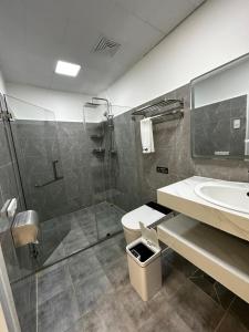 马比尼Luckytito Anilao Resort的带淋浴、卫生间和盥洗盆的浴室