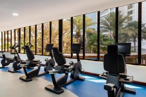 麦纳麦布鲁莱斯登斯第帕洛玛特丽笙酒店的健身房里一排跑步机,设有大窗户