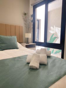 萨尔塔Hotel Caseros Salta的一间卧室配有一张大床和毛巾