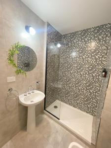 萨尔塔Hotel Caseros Salta的带淋浴和盥洗盆的浴室