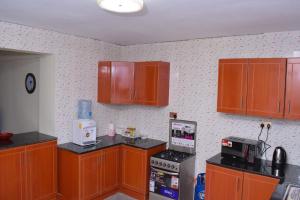 埃尔多雷特Saas Homestay的厨房配有木制橱柜和冰箱。